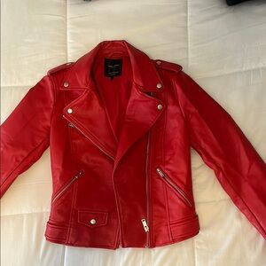 Zara Red Leather Moto Jacket with Asymmetrical Zipper